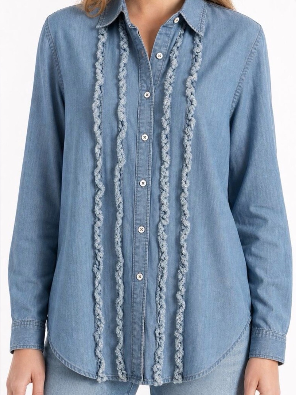 Pilcro Blue Denim Ruffle-Trim Button-Down Shirt